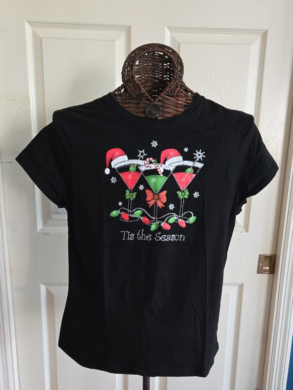 Holiday Martini Graphic Tee - Black with Red & Green Accents-Size XL